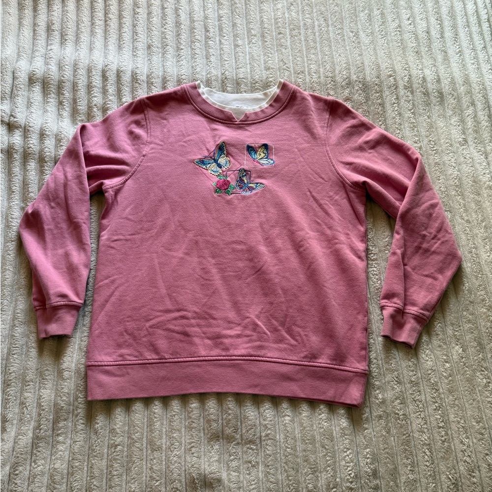 Pink Crew Neck Sweater with Butterfly Design